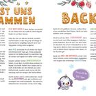 "Lasst uns zusammen backen" steht oben in festlichem Stil. Daneben ein niedliches Tier mit Schal und Mütze. Texte geben Backtipps.