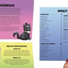 Links: Einführungstext über Manga-Zeichnung. Unten links: Infos über Künstlerinnen. Rechts: Inhaltsverzeichnis. Illustrationen zeigen eine Katze, eine Frau und einen Mann im Manga-Stil.