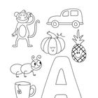 Kreise ein, was nicht dazugehört. Affe, Auto, Ananas, Ameise, Tasse, Kürbis, großer Buchstabe A.