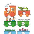 LÖSUNG: Ein Zug mit sechs Waggons. Tiere: Krokodile, Hasen, Mäuse, Frösche, Regenwürmer. Nummerierte Waggons 1 bis 6.