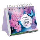 Kalender mit Text: "Bilder für die Seele 2027". Rosa Blüten und ein blauer Schmetterling.