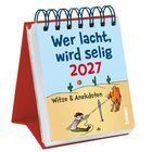 "Wer lacht, wird selig 2027. Witze & Anekdoten." Ein Cowboy hält ein Kamel in einer Wüstenillustration fest.
