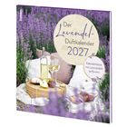 Text: "Der Lavendel-Duftkalender 2027", "Kalenderblätter mit Lavendelduft parfümiert".  
Szene: Lavendelfeld mit Picknick.
