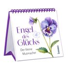 Text: "Engel des Glücks. Der kleine Mutmacher." Illustration: Stiefmütterchen-Blume, violetter Spiralblock.