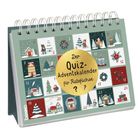 "Der Quiz-Adventskalender für Ratefüchse" steht auf einem goldenen Kreis. Ein Adventskalender mit festlichen Illustrationen.