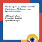 Text über Gemälde: Welche Figuren auf Raffaels Gemälde *Die Sixtinische Madonna* wurden besonders berühmt? a) Die zwei Heiligen b) Maria mit dem Kind c) Die beiden Engel. Design mit farbigen Blöcken und einem stilisierten Auge.