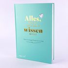 Auf türkisfarbenem Buch steht in Gold: "Alles, was du über mich wissen musst." Darunter: "Damit du lange Freude an mir hast."