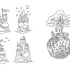 Illustration von Häusern auf Inseln, ein Leuchtturm, Windmühle, Sternenhimmel, Baumhaus; märchenhafter Stil.