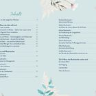 Inhalt mit Kapiteln und Seitenzahlen, florale Illustrationen mit Blättern und Blumen auf blauem Hintergrund.