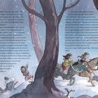Eine Illustration zeigt Kinder auf einem galoppierenden Pferd durch einen verschneiten Wald, Vögel sitzen auf Bäumen.