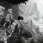 Vier Kinder stehen auf einem großen Ast und schauen auf eine weite Berglandschaft. Illustration in Grautönen.