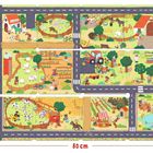 Text: "Tierklinik", "Hofladen", "Post". Illustration eines Bauernhofs mit Tieren, Feldern, Traktor und Personen bei verschiedenen Tätigkeiten.