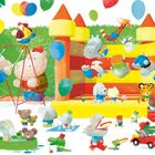 Text: "ICH WILL DORTHIN NICHT GEHEN!"  
Illustration: Fröhliche Tiere auf einer Hüpfburg und beim Spielen im Freien.