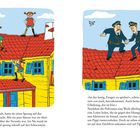 Text links: „Und ehe er sich’s versah... auf den Schornstein.“
Rechts: „Ist das lustig, Fangen zu spielen... auf Pippi zubalancierten.“

Illustration von Pippi auf einem roten Dach, Polizisten folgen. Buntes Haus und Himmel im Hintergrund.