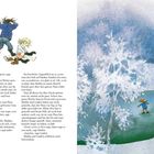 Auf der linken Seite Text über Madita und Lisabet, die zum Fluss laufen. Rechts Illustration: Zwei Kinder laufen über Eis, umgeben von verschneiten Bäumen.