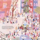 Texte: "Sira hat mit der Zeit zu kämpfen gehabt...", "Här och nu", "Konditori", "Pio Pio", "Kund? Tider", "I will be real." Eine belebte Straßenszene voller Menschen in Pastellfarben und Cafés.