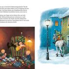 Text über Weihnachtsgeschenke. Links Kinder umgeben von Geschenken, rechts ein Kind auf einem Pferd im Schnee vor einem Haus.