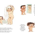 Eine kindgerechte Illustration zeigt drei Szenen nackter Kinder und eines Erwachsenen, mit Texten über Körpergrenzen.