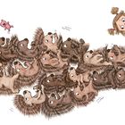 Illustration: Ein Mädchen sieht viele wuselige Igel, die lachend übereinander purzeln. Ein pinker Teddy fliegt durch die Luft.