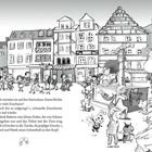 In einer belebten Stadt mit Menschen und Fantasiewesen, die auf ein Rennen warten, sieht man viele historische Gebäude.