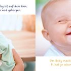Links: Text über schlafendes Baby im Arm. Rechts: Lachendes Baby mit Zähnchen.