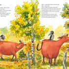 Titel: FLATTER, FLATTER, PLUMPS. Dialog einer Kuh und einer Krähe in herbstlicher Waldszene mit Bäumen und Laub. Illustration.