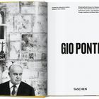 Links ein älterer Mann vor einer gemusterten Wand. Rechts steht groß "GIO PONTI" in schwarzen Buchstaben.