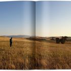 Ein Mann steht in einer weiten, goldenen Graslandschaft unter einem klaren, blauen Himmel.