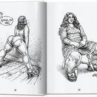 Links: "Imaginary Girl against the wall." Rechts: Frau sitzt mit ernstem Gesichtsausdruck. Zeichnung von Aline Kominsky.