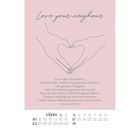 Text: "Love your neighbour. Du sollst den Herrn, deinen Gott, lieben... Liebe deinen Mitmenschen wie dich selbst." Hände formen ein Herz.