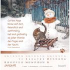 Kalenderblatt für Januar mit irischem Segenswunsch neben Katze und Schneemann auf Schlitten im Schnee.