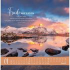 Text oben: "Friede auf Erden. Ich, der Herr, werde euch Frieden schenken. Ich gebe euch wieder Zukunft und Hoffnung. Jeremia 29,11"

Unterer Bereich: Kalender für Januar, Sonn- und Feiertage hervorgehoben. Im Hintergrund Berge und See bei Sonnenuntergang.