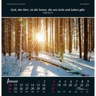 "Gott, der Herr, ist die Sonne, die uns Licht und Leben gibt. Psalm 84,12." Winterwald mit Sonnenlicht; Januarkalender.