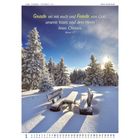 "Gnade sei mit euch und Friede von Gott. Römer 1,7." Winterlandschaft mit verschneiten Bänken im Sonnenlicht. Kalenderansicht.