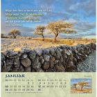 "Möge dein Herz so leicht sein wie ein Lied. Möge jeder Tag dir strahlende, glückliche Stunden bringen." Winterlandschaft mit Bäumen und Steinmauer im Vordergrund. Kalenderblatt für Januar mit Wochentagen und Daten.