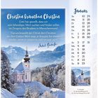 Text: "Christen brauchen Christen...wenn er ungewiss und verzagt wird." Januar-Kalender. Schneelandschaft mit Kapelle.