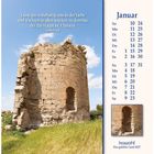 Kalenderblatt mit Bibelvers Epheser 4,15. Turmruine auf Feld, blauer Himmel. Rechter Bereich zeigt Januardaten.