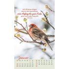 Text: „Auf all deinen Wegen wird er dich beschützen, vom Anfang bis zum Ende, jetzt und in aller Zukunft! Psalm 121,8“. Januar-Kalenderblatt mit Foto eines Vogels auf schneebedecktem Ast.