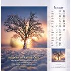 Kalender für Januar. „SEGEN SEI MIT DIR, der Segen strahlenden Lichtes. Licht um dich her und innen in deinem Herzen." Winterliche Landschaft mit einem schneebedeckten Baum bei Sonnenaufgang.