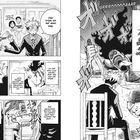 Zwei Figuren in einem dramatischen Kampf. Links Text über Aufträge und Strategien. Rechts brüllt eine zornige Figur. Manga-Stil.