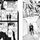 Eine Manga-Seite mit Sprechblasen: Zwei Personen in einem Gespräch über Arbeit und Entspannung. Ein Mann reinigt energisch Toiletten.