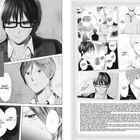 Texte beschreiben Gedanken und Dialoge zwischen Männern. Eine Brille tragender Mann, nachdenkliche Gesichter. Zwei Seiten, mangaartig.