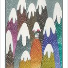 Kalenderblatt mit Januar-Daten. Bunte verschneite Berge und eine kleine Figur mit Regenschirm.