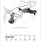 Kalender für Januar, beginnt Freitag mit dem 1. Illustration: Skifahrer kopfüber im Schnee, anderer kommentiert Sicherheitsbindung.