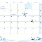 Ein Kalenderblatt für Januar mit Illustrationen von Figuren im Schnee, Eisbär und Pinguinen. Feiertage sind markiert.