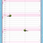 Kalenderseite mit Januar-Daten, rosa Linien, Kleeblätter, Illustration von Wildschwein und Schwein im Schnee, "01 JANUAR".