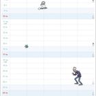 Kalendarium für Januar. Wochentage und Daten in Spalten. Oben Tier-Illustrationen, unten Illustration mit Mann auf Leiter.