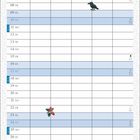 Januar. Illustration eines Kalenders mit Spalten für Namen, Tagen und Terminen. Unten: „Im Schnee eine Spur!“