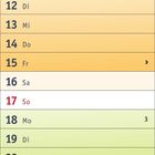 Kalender Januar 2027, zeigt Wochentage und Feiertage. Verschiedene Farbbalken für jede Woche, beginnend mit Neujahr.