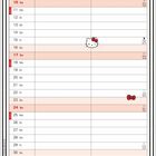 Kalender mit Monatsübersicht, Namenstextfeld, Feiertage und Wochennummern. Hello Kitty Illustration mit Schleifen.